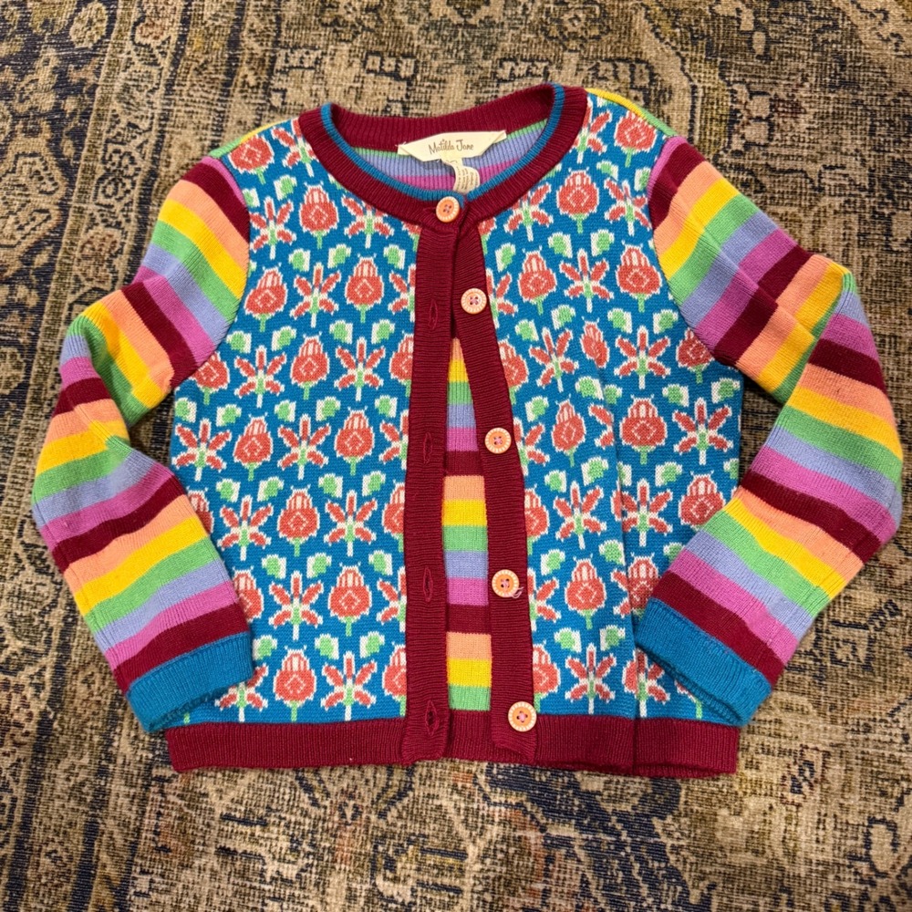 Matilda Jane Girls Rainbow Stripe Floral Intarsia Cardigan Sweater Size 2